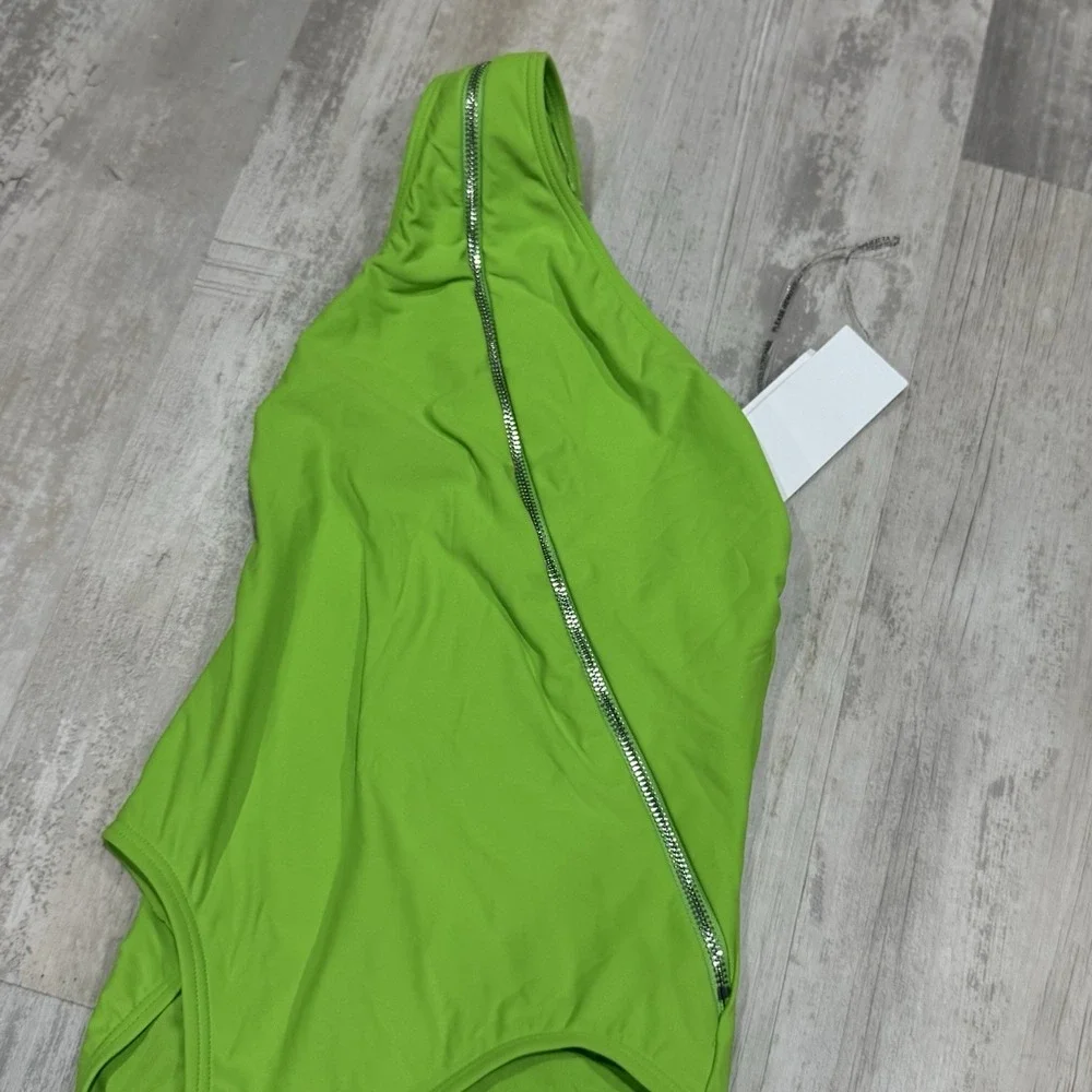 Michael Kors Zip Front One Shoulder One‎ Piece Swimsuit Green Apple Size 6 NWT